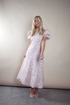 Anne Louise Pink Dress - Anne Louise Boutique Windsor Dress, Summer Dressing, Spring Refresh, High Neck Designs, Floral Pattern Design, Puff Sleeve Dress, Windsor Dresses, Nude Heels