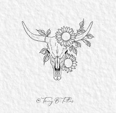 a cow skull with sunflowers on it's head and the words, to try