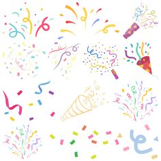 colorful party confetti and streamers on white background