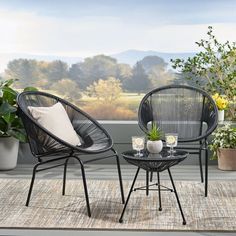 two black chairs sitting on top of a rug next to potted plants and flowers