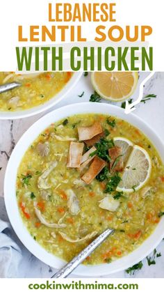 two bowls of lemon lentil soup with chicken