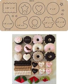 some doughnuts and pastries are arranged on a table with the word love spelled in