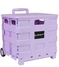 a purple plastic storage container with wheels