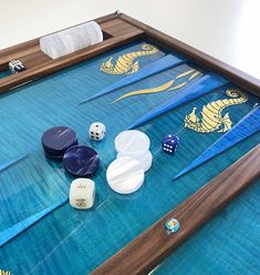 an image of a board game with dices and other items on the table top