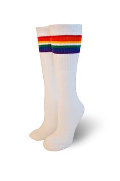 Whether your child is on the soccer field or attending a rainbow party, their unique style will be sure to turn heads with our collection of colorful, funky, and happy tube socks! These fun tube socks are approximately 14 inches and are made for KIDS. Expect them to be: -knee-high for kids ages 5 to 7 -mid-calf for kids ages 8 to 10 years old -few inches above the ankle for most adults Material: 75% Ring Spun Cotton, 14% Nylon, 7% Acrylic, 4% Spandex and proudly made in the USA! True Self, Tube Socks, Rainbow Baby, Be Free, Rainbow Stripes, Self Discovery, Above The Knee, Thigh Highs, Over The Knee