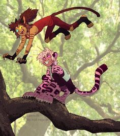 two anime characters are sitting on a tree branch in front of some trees and one is holding onto another character's tail