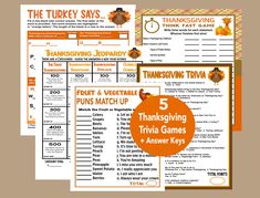 five thanksgiving trivias for kids to play in the turkey game, with text overlay