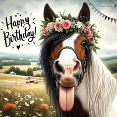 a happy birthday card with a horse wearing a flower crown