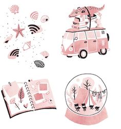 an open book with drawings on the cover and in front of it is a pink vw van