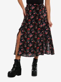 Let your wardrobe bloom with this dreamy midi skirt! It features an allover print of red & blue butterflies and flowers. Comes with lace-up details and slits on both legs. 100% rayonWash cold; dry lowLength: 30"ImportedListed in junior sizesModel is 5'9"Model wears size Small Skirt And Combat Boots Outfit, Oregon Outfits, Early Fall Fashion, Cutesy Outfit, Combat Boot Outfit, Business Casual Fall, Midsize Outfits, Mid Size Fashion, Hipster Girls