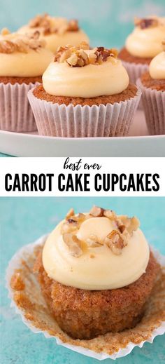 carrot cake cupcakes with cream cheese frosting and walnuts on top are shown