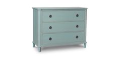 a blue dresser with three drawers and two knobs on the top, against a white background