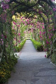 an archway covered in pink flowers and greenery