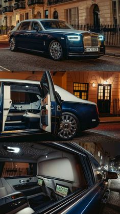 the interior and exterior of a blue rolls royce parked in front of a building at night