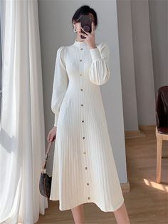 White Long Knitted Sweater Dress, White Knitted Long Sweater Dress, White Casual Dresses With Bishop Sleeves, Casual White Bishop Sleeve Dresses, Knitted Sweater Dress, Fashion Vest, Casual Maxi Dress, Sweater Dress Casual, Dresses Casual Winter