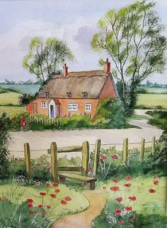 a painting of a country house with red flowers in the foreground and a path leading to it