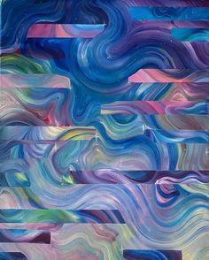 an abstract painting with blue, purple and green colors on it's surface is featured in this image