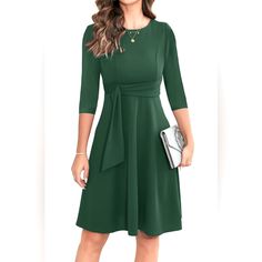 A-Line Swing Dress - Knee Length - New With Tags - Round Neckline - 3/4 Length Sleeves - Invisible Back Zipper - Solid Dark Green Color - Lightweight, Stretchy Fabric - Classic Style Fit & Flare Dress - 95% Polyester / 5% Spandex - Empire Waist With Attached Sash Detail {Bin#19} Church Dresses For Women, Long Sleeve Dresses Fall, Modest Dresses For Women, Wine Red Dress, Teacher Dresses, Wrap Dress Midi, Dark Green Dress, Work Dresses For Women, Wrap Dresses