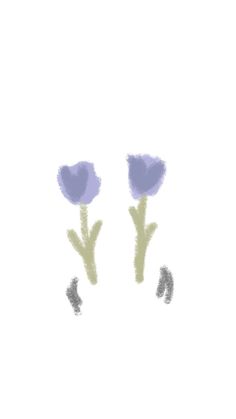 two purple flowers are in the middle of a white background and one is drawn with pastel crayons