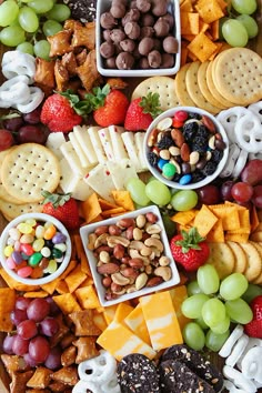 a platter filled with different types of cheeses, crackers and fruit on top of it