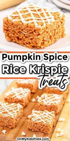 pumpkin spice rice krispie treats on a cutting board with the words, pumpkin spice rice krispies treats