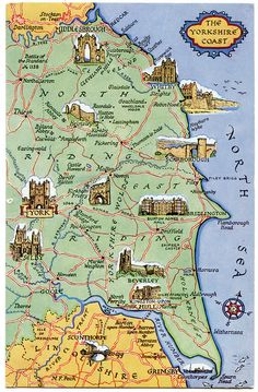 an illustrated map of the county of york, england with major roads and towns in english