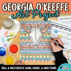 an art project with the words georgia o'keefe on it and supplies