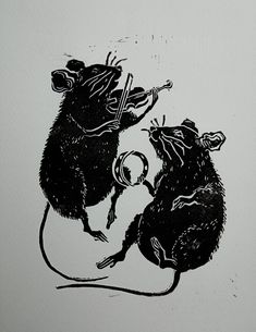 two black and white drawings of mice on paper