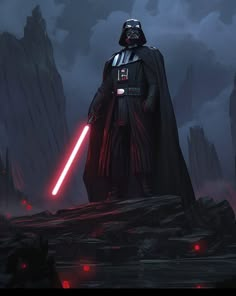 a darth vader standing in the dark with his lights on and holding a light saber