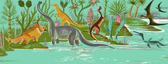 an illustrated book with dinosaurs in the water