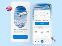 two mobile screens showing an airplane landing page