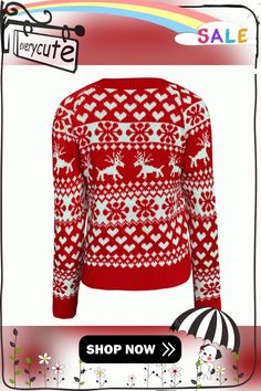 Red Deer Print Knit Christmas Sweater Christmas Long Sleeve Knit Cardigan, Christmas Knit Long Sleeve Cardigan, Christmas Knit Cardigan With Long Sleeves, Red Crew Neck Sweater For Winter, Cozy Christmas Knit Sweater, Christmas Knitted Long Sleeve Cardigan, Cozy Christmas Festive Sweater, Cozy Festive Christmas Sweater, Casual Christmas Crew Neck Cardigan