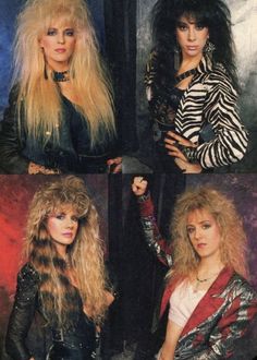 four pictures of women with long blonde hair and black leather jackets, one in zebra print