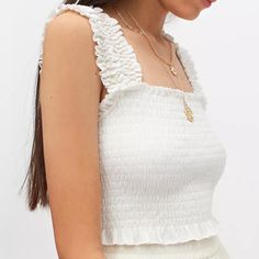 Nwt Size Medium Smocked-Bodice Cropped Top From Urban Outfitters! Topped With Wide Shoulder Straps At The Straight Neckline And Ruffle Trim Throughout. Content - 55% Cotton, 44% Polyester, 1% Spandex White Ruffled Smocked Top For Summer, White Fitted Sleeveless Smocked Top, White Sleeveless Fitted Smocked Top, Chic White Smocked Top, White Chic Smocked Top, White Smocked Top With Ruffles For Vacation, White Ruched Tops For Beach, White Ruched Tops For The Beach, White Ruched Beach Top