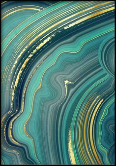 an abstract painting with gold and blue colors