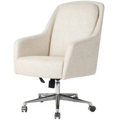 a white office chair with wheels and casteors on an aluminum base, viewed from the front