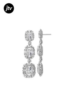 Rhodium over sterling silver polished fancy cushion-cut cubic zirconia stones halo cluster style dangle earrings. Measures approximately 2 7/16"L x 11/16"W and have post and push back closure. Fancy Cushions, Cushion Cut, Halo, Cubic Zirconia, Dangle Earrings, Sterling Silver, Stone, Silver