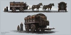 two pictures of horses pulling a wagon with people standing around it and another drawing of the carriage