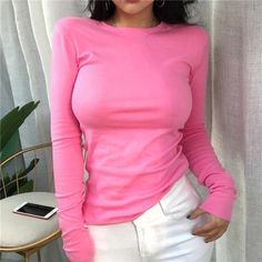 Female T-shirt Knitted Top White Shirt Strap Poleras Mujer De Moda Summer Polera Blanca Hot Casual Korean Style Women Pink Fitted Top For Fall, Pink Fitted Long Sleeve Top, Pink Tops For Fall, Pink Solid Color Tops For Fall, Pink Solid Color Top For Fall, Pink Long Sleeve Stretch T-shirt, Trendy Plain Crew Neck Tops, Fitted Crew Neck Top In Solid Color, Cotton Crew Neck Knit Top