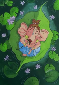 a painting of an elephant hugging a man on top of a green leaf in water lilies