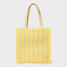 Hold your daily essentials in style with this Stripe Straw Crochet Tote Handbag from A New Day™. This fashionable tote handbag features an unstructured silhouette that's decorated with woven-texture crochet detailing with yellow and light beige stripes. The single main compartment helps keep your cellphone, wallet and more in one spot, while the double handle makes it easy to carry in hand or on your shoulder. Universal Thread™: Found exclusively at Target. Chic Yellow Crochet Bag For Daily Use, Chic Yellow Crochet Bag, Chic Yellow Crochet Tote Bag, Yellow Crochet Bag With Braided Handles For Shopping, Yellow Woven Shoulder Bag With Double Handle, Yellow Woven Bag With Double Handle, Yellow Crochet Tote Bag For Spring, Summer Yellow Shoulder Bag With Top Handle, Chic Yellow Straw Bag For Everyday Use