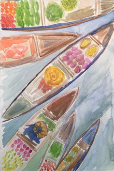 watercolor painting of canoes with flowers and leaves