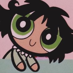 a cartoon girl with green eyes and black hair