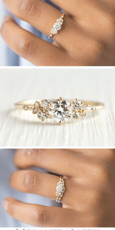 three different views of a woman's engagement ring