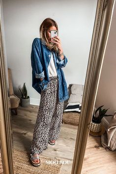 Our leopard print trousers paired with a denim shirt jacket are the ultimate casual chic outfit. Embrace the trending leopard print style while staying comfy for everyday wear. Tap to add a touch of wild to your spring wardrobe! 🐆💙 #SpringFashion #LeopardPrint #CasualChic #EverydayOutfit #TrendingStyle #ComfortWear Printed Trousers Outfit, Valentines Dresses, Leopard Trousers, Date Outfit Ideas, Printed Pants Outfits, Leopard Print Outfits, Cute Date, Animal Print Pants, Goddess Braids Hairstyles