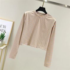 Women Striped Crop Top Long Sleeve T Shirt Knitted Streetwear L0133 Trendy Long Sleeve Tops With Ribbed Neckline, Trendy Long Sleeve Top With Ribbed Neckline, Knit Tops With Ribbed Neckline And Long Sleeves, Striped Long Sleeve Winter Tops, Striped Long Sleeve Tops For Winter, Long Sleeve Tops With Ribbed Neckline For Spring, Winter Ribbed Striped Top, Ribbed Long Sleeve T-shirt For Fall, Winter Striped Ribbed Top