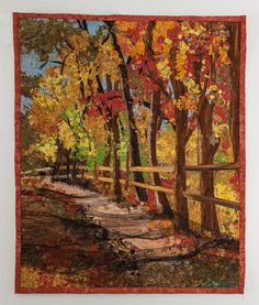 a painting of trees with leaves on them and a fence in the foreground that is surrounded by fall foliage