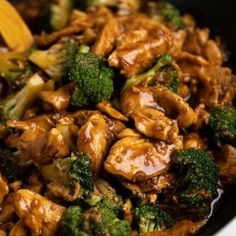 chicken and broccoli stir fry in a skillet