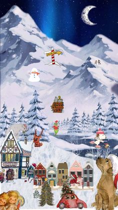 a christmas scene with santa and his reindeers in front of the snow covered mountain