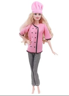 a barbie doll with blonde hair wearing a pink top and checkered pants, holding a knife